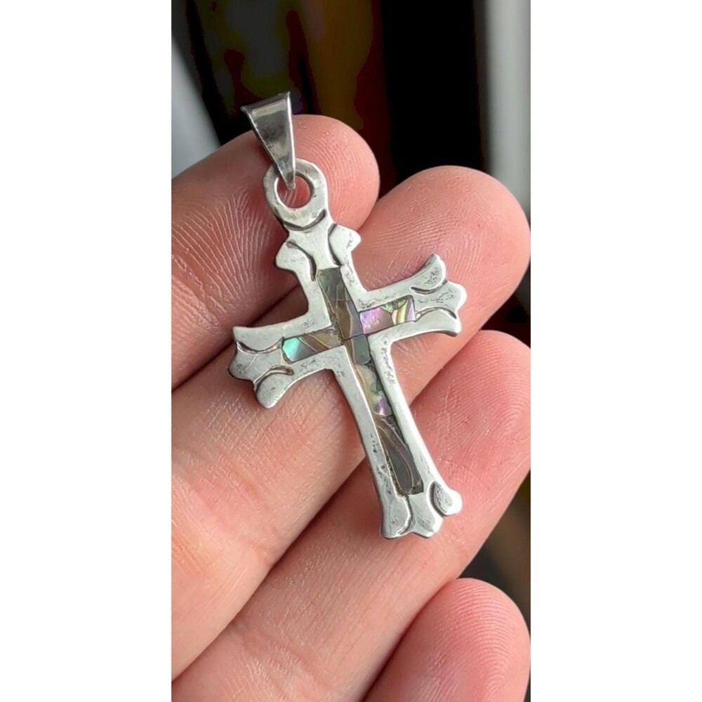 Vintage Mid-Century Taxco Abalone Inlay Sterling Silver Cross Pendant .925